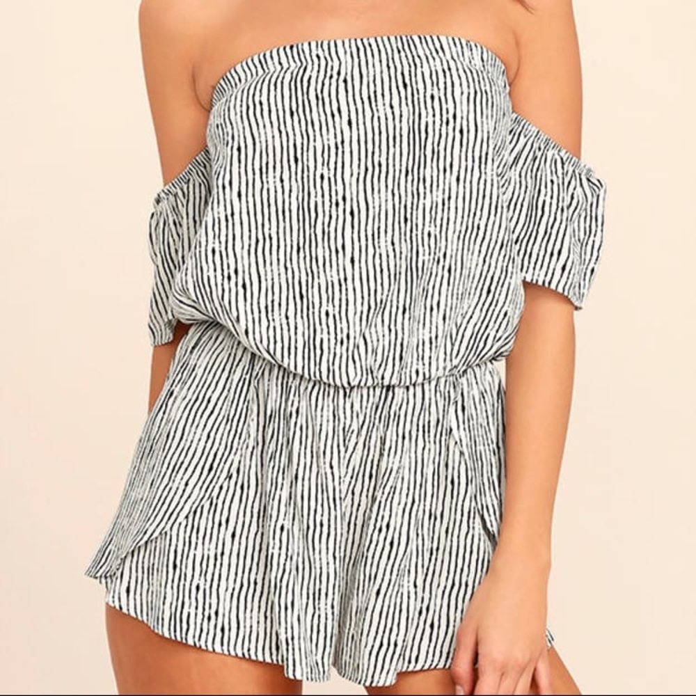 Lulus Black & White Striped Off-the-Shoulder Romper